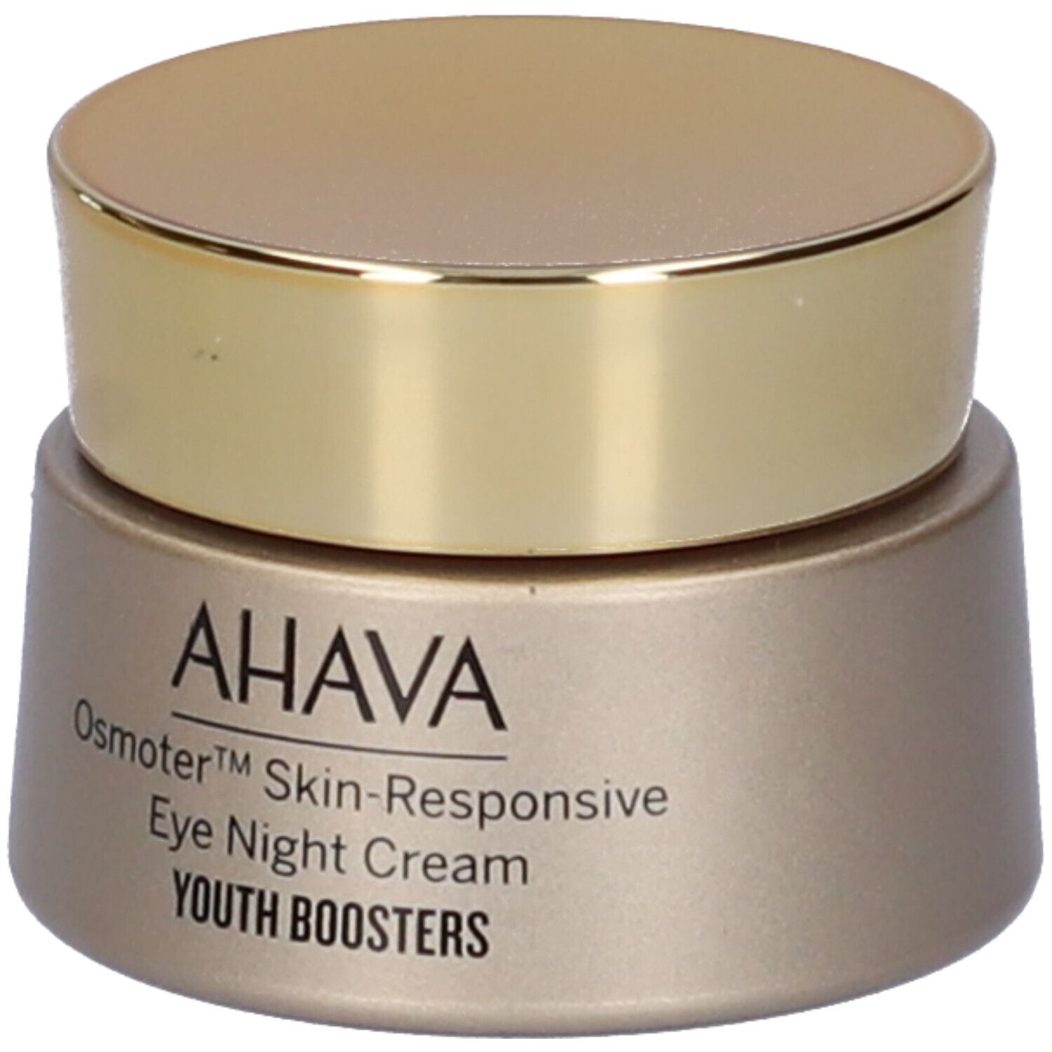 AHAVA Osmoter™ Skin-Responsive Eye Night Cream. Goldfarbene Dose mit goldenem Deckel. Schwarze Schrift.