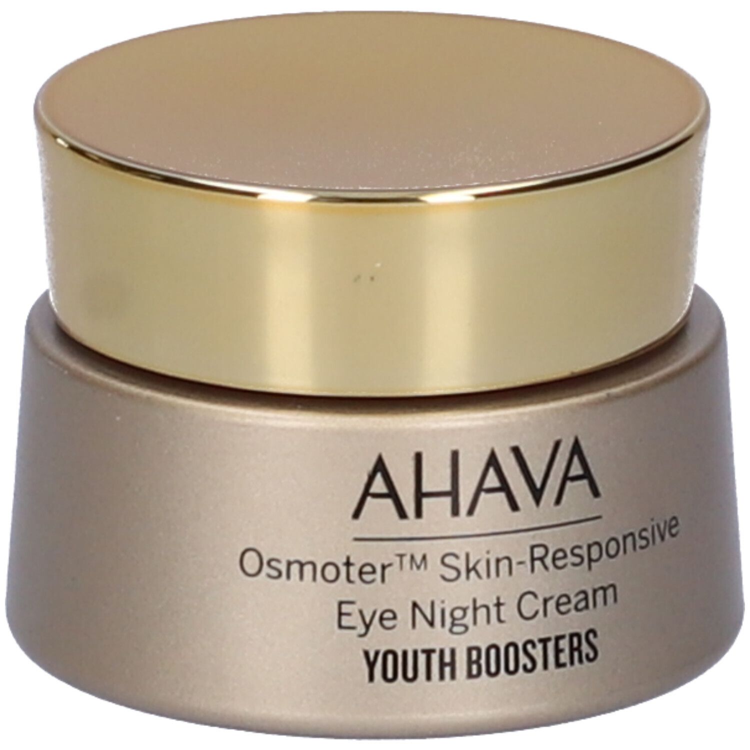 AHAVA Osmoter™ Skin-Responsive Eye Night Cream. Goldfarbene Dose mit goldenem Deckel. Schwarze Schrift.