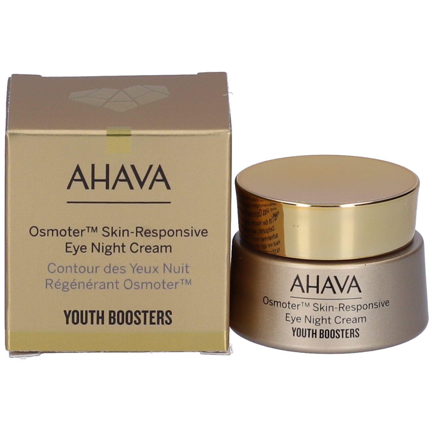 AHAVA Osmoter™ Skin-Responsive Eye Night Cream. Dose und Verpackung. Goldfarben mit schwarzer Schrift.