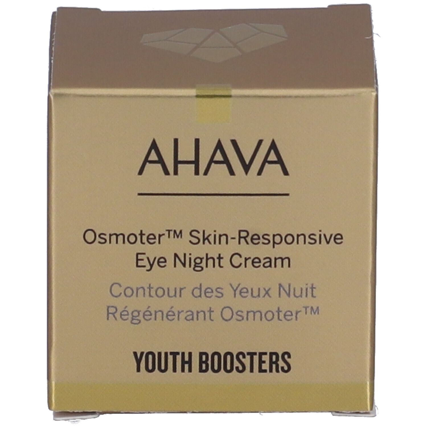 AHAVA Osmoter™ Skin-Responsive Eye Night Cream. Verpackung. Goldfarben mit schwarzer Schrift.
