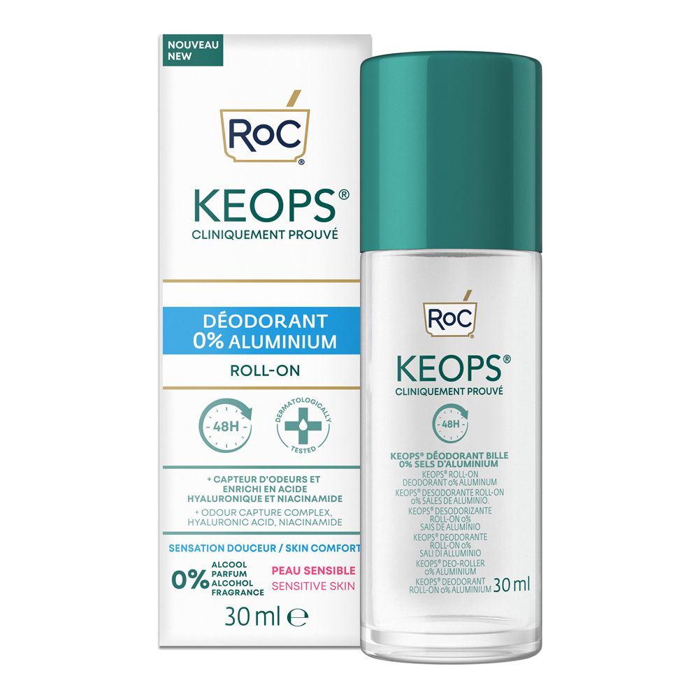 Deodorante roll-on Roc Keops 0% alluminio. Flacone e confezione. Protezione 48h. Dermatologicamente testato.