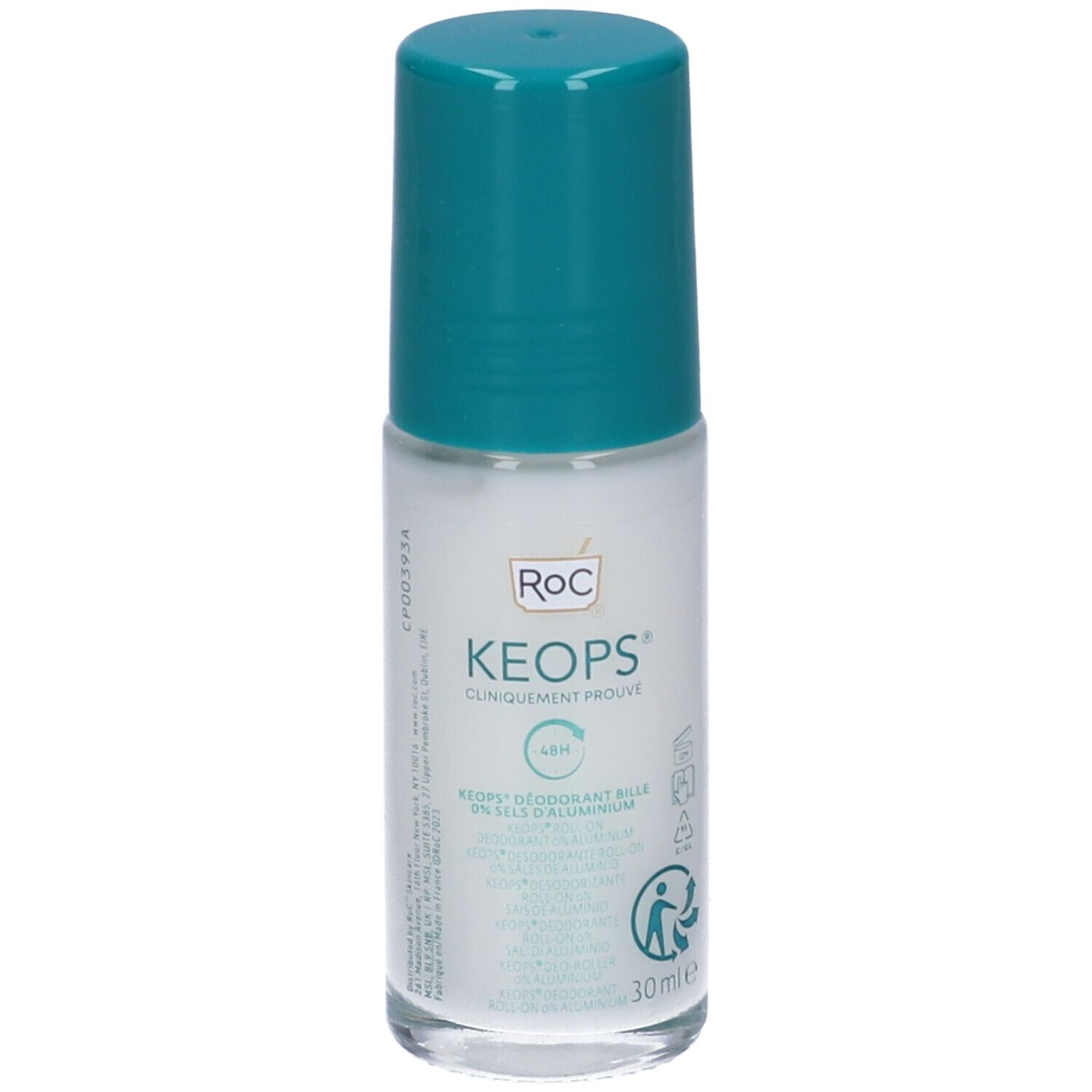 Deodorante roll-on Roc Keops. Flacone con tappo verde. 30ml. Clinicamente provato. Protezione 48h.