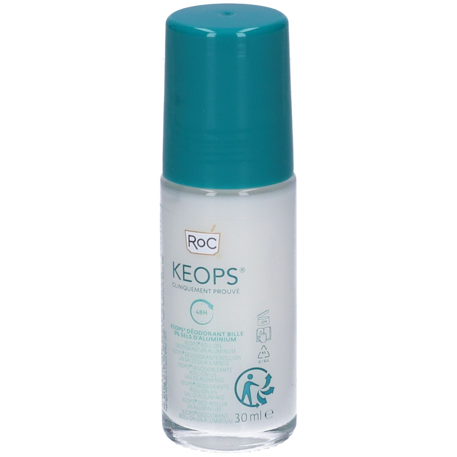 Deodorante roll-on Roc Keops. Flacone con tappo verde. 30ml. Clinicamente provato. Simbolo di riciclo.