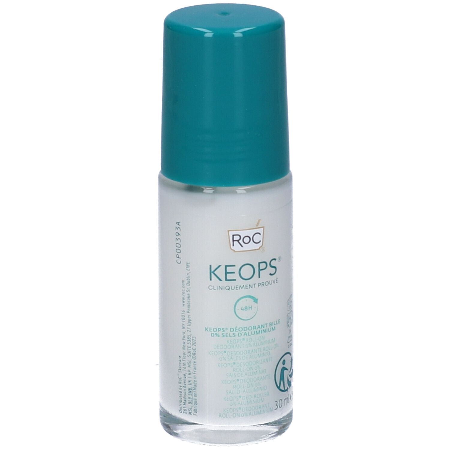 Deodorante roll-on Roc Keops. Flacone con tappo verde. 30ml. Clinicamente provato. Simbolo di riciclo.