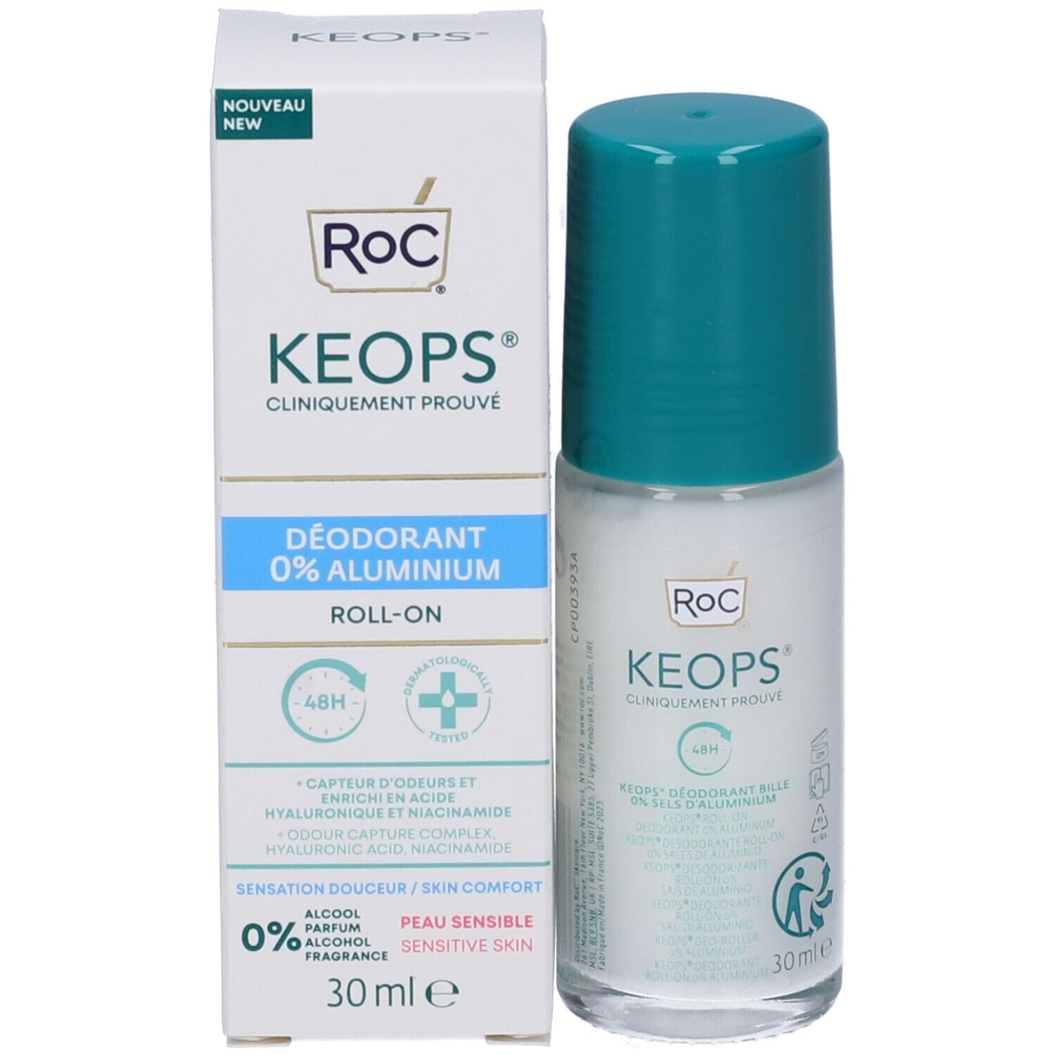Deodorante roll-on Roc Keops. Flacone con tappo verde. 30ml. Clinicamente provato. Simbolo di riciclo.