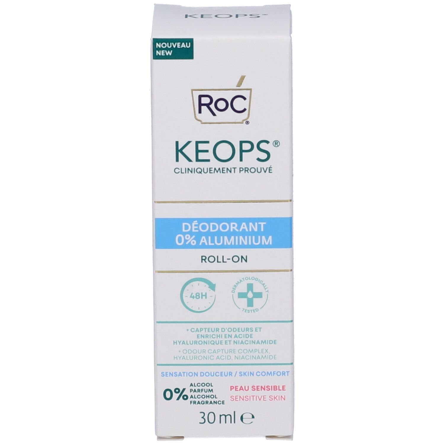 Deodorante roll-on Roc Keops. Flacone e confezione. 0% alluminio. Protezione 48h. 30ml.