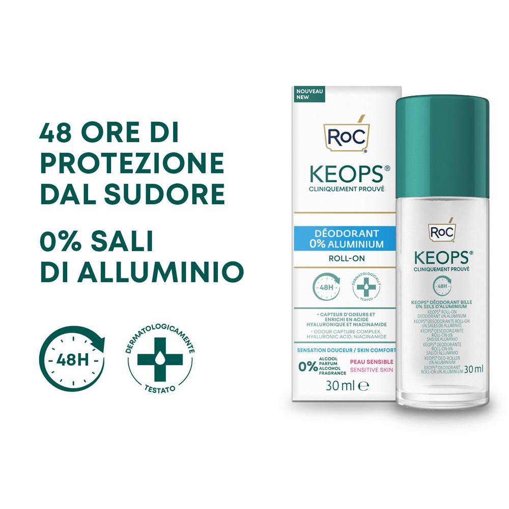 Deodorante Roc Keops 0% alluminio. Protezione 48h. Dermatologicamente testato. Flacone e confezione.