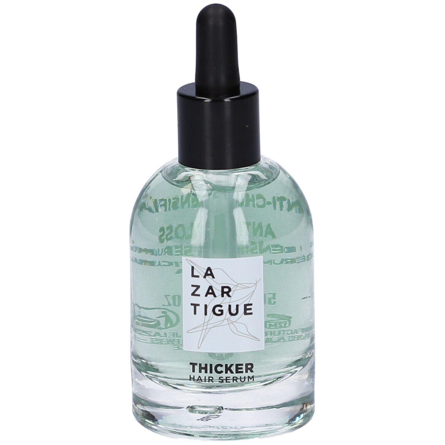 Flacone di vetro con tappo nero e pipetta. Scritta: Lazartigue, Thicker Hair Serum.
