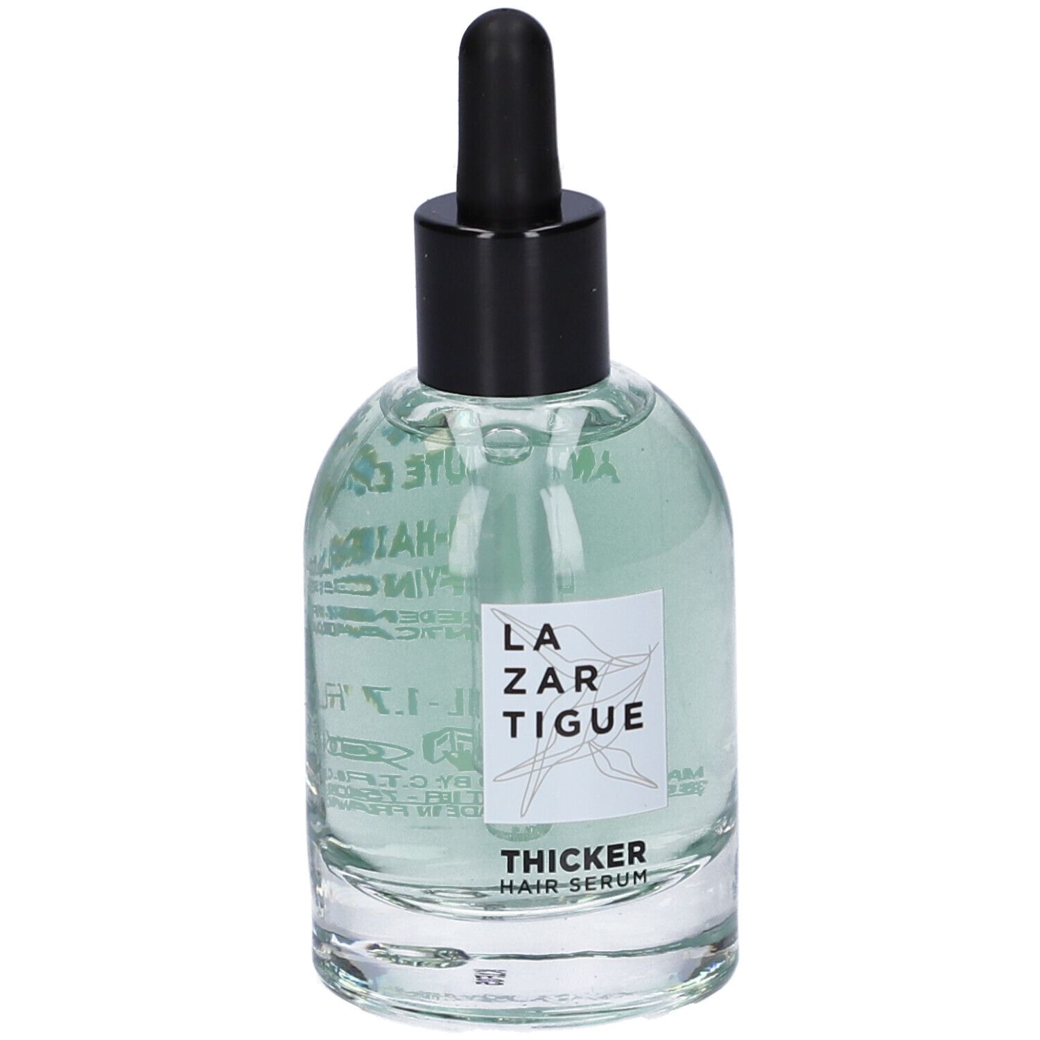Flacone di vetro con tappo nero e pipetta. Scritta: Lazartigue, Thicker Hair Serum.