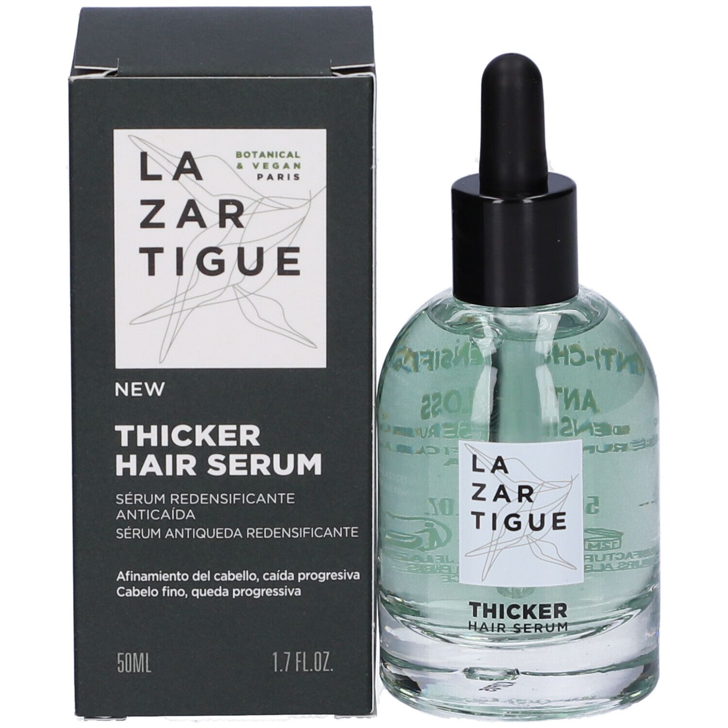 Flacone e scatola. Scritta: Lazartigue, Thicker Hair Serum, 50ml, 1.7 fl.oz.