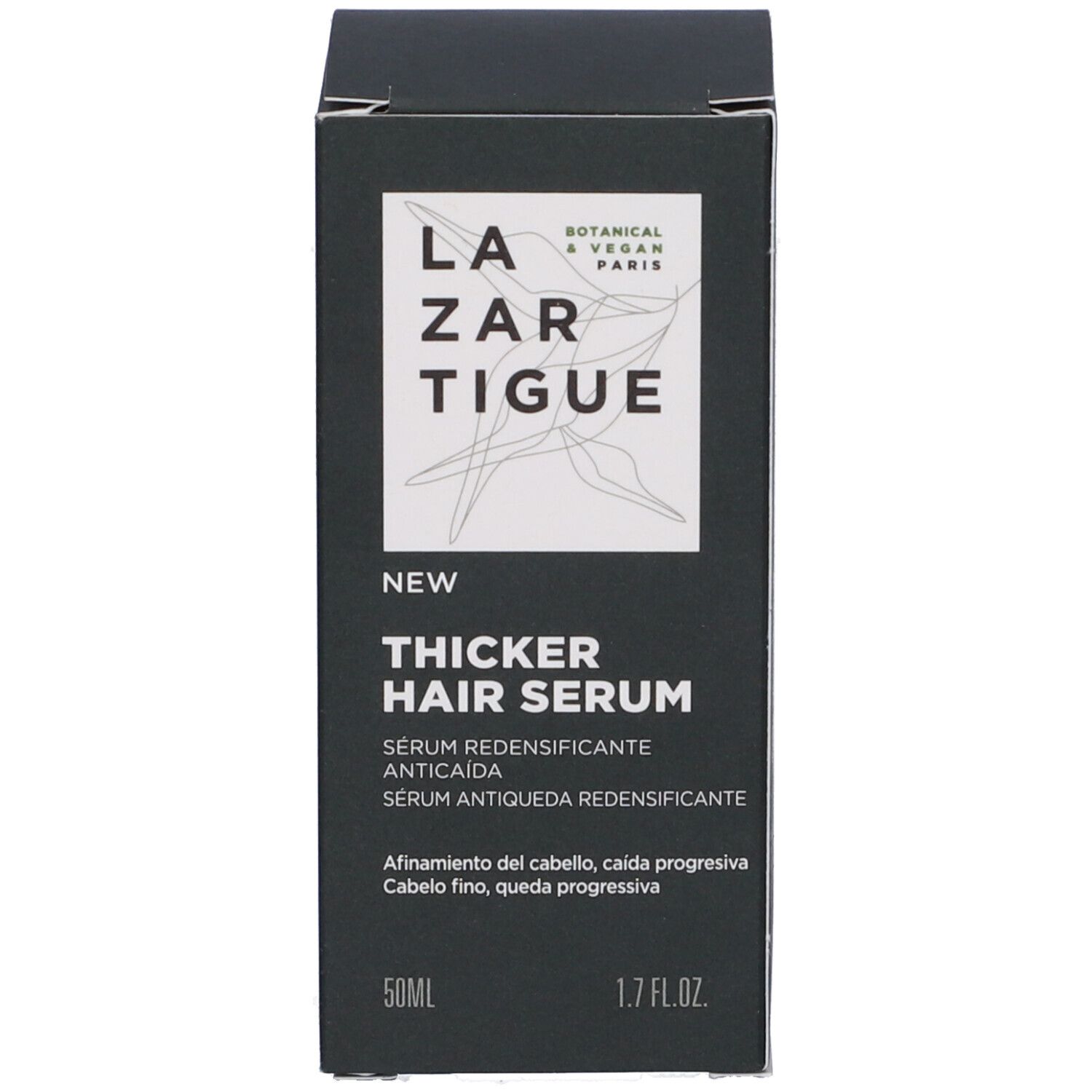 Scatola nera. Scritta: Lazartigue, Thicker Hair Serum, 50ml, 1.7 fl.oz.