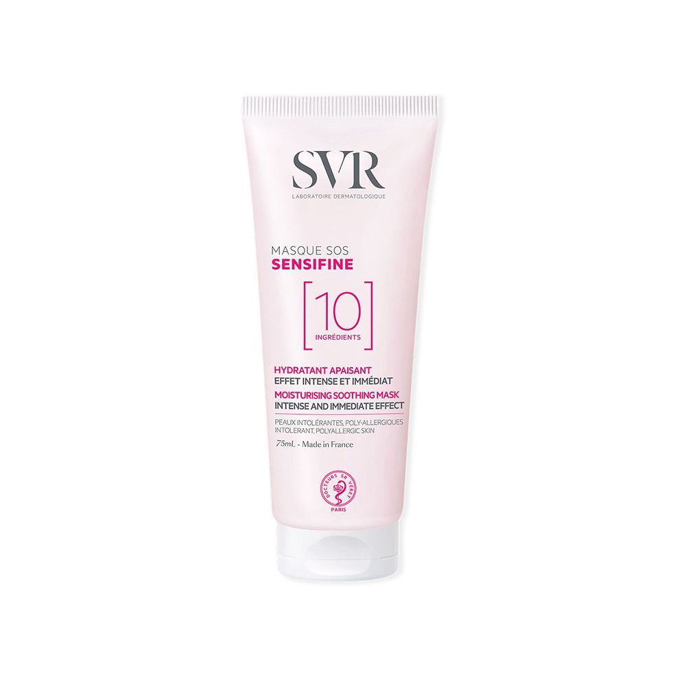 Tubo rosa con tappo bianco. Scritta: SVR, Masque SOS Sensifine, 10 ingredienti. Testo in francese e inglese. 75ml.