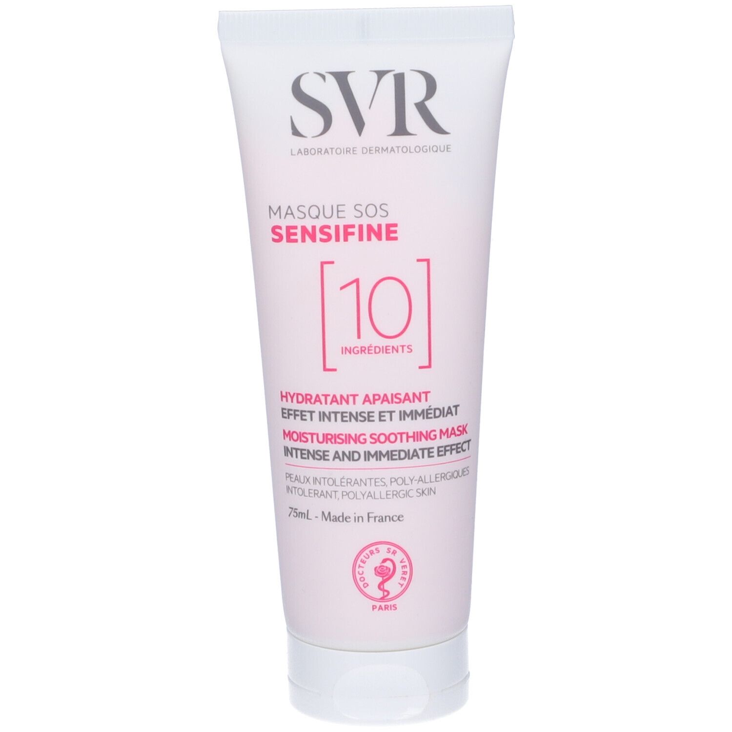 Tubo bianco con testo rosa. Scritta: SVR, Masque SOS Sensifine, 10 ingredienti. Testo in francese e inglese. 75ml.