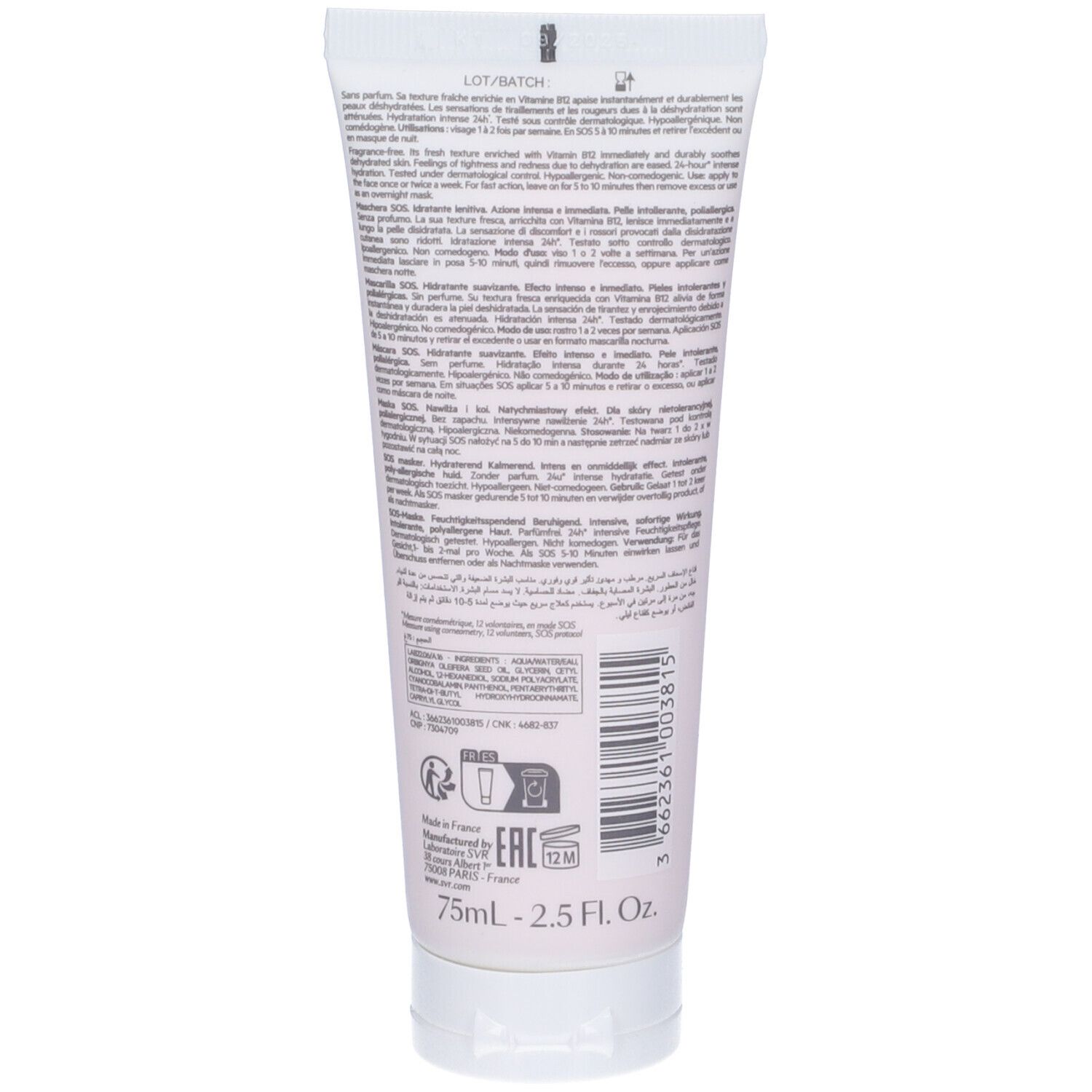 Retro di un tubo. Testo in più lingue. Scritta: 75ml - 2.5 Fl. Oz. Con logo e certificazioni.