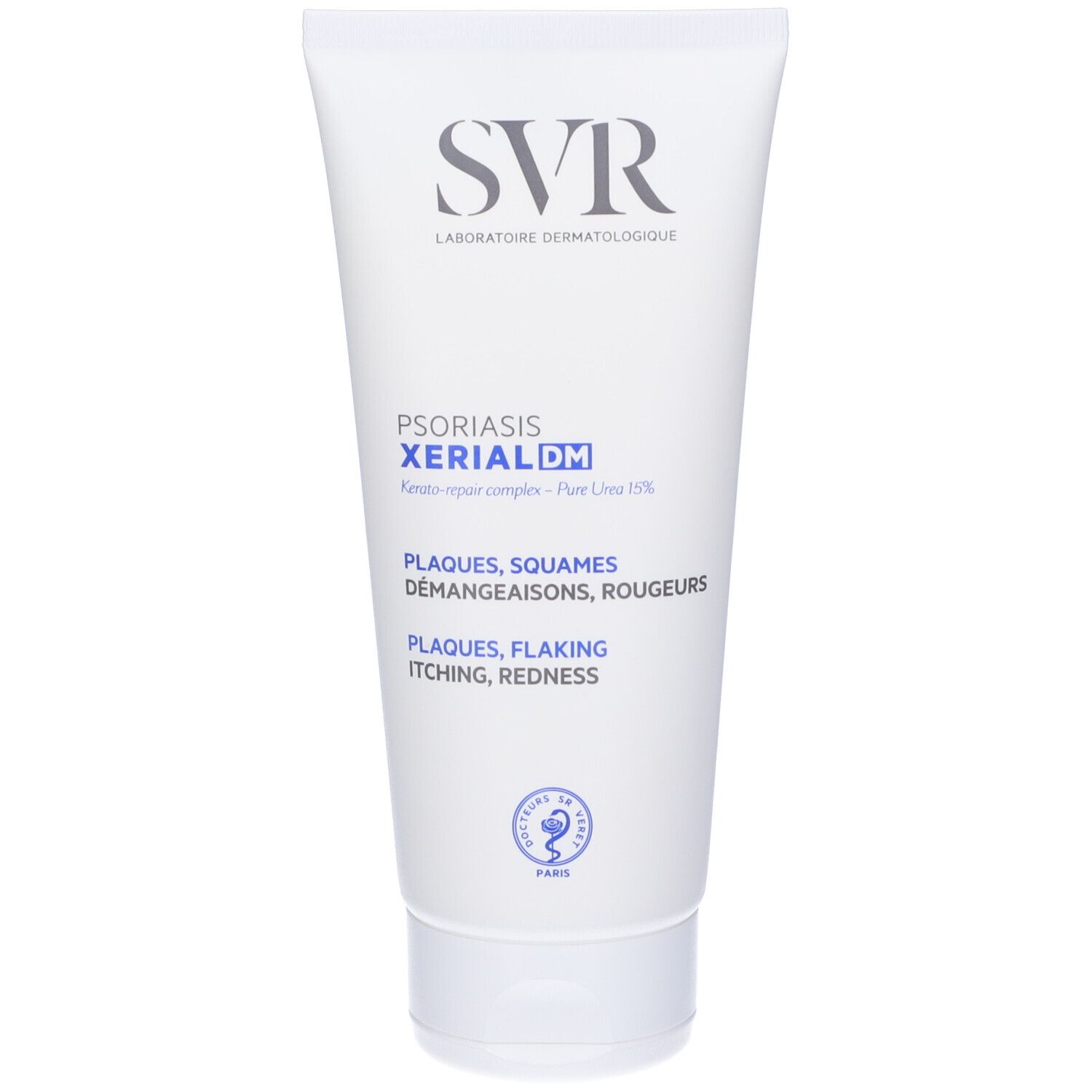 Weiße Tube mit SVR-Logo und Produktbezeichnung XERIAL DM. Text: Plaques, Squames, Démangeaisons, Rougeurs. Zertifizierungslogo.