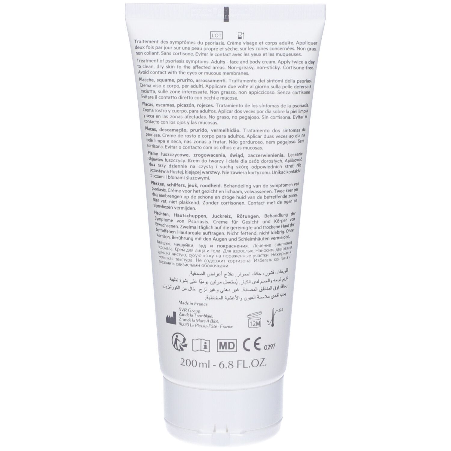 Rückseite einer weißen Tube. Text in mehreren Sprachen: Anwendungshinweise, Inhaltsstoffe, Herstellerinformationen. Volumen: 200 ml.