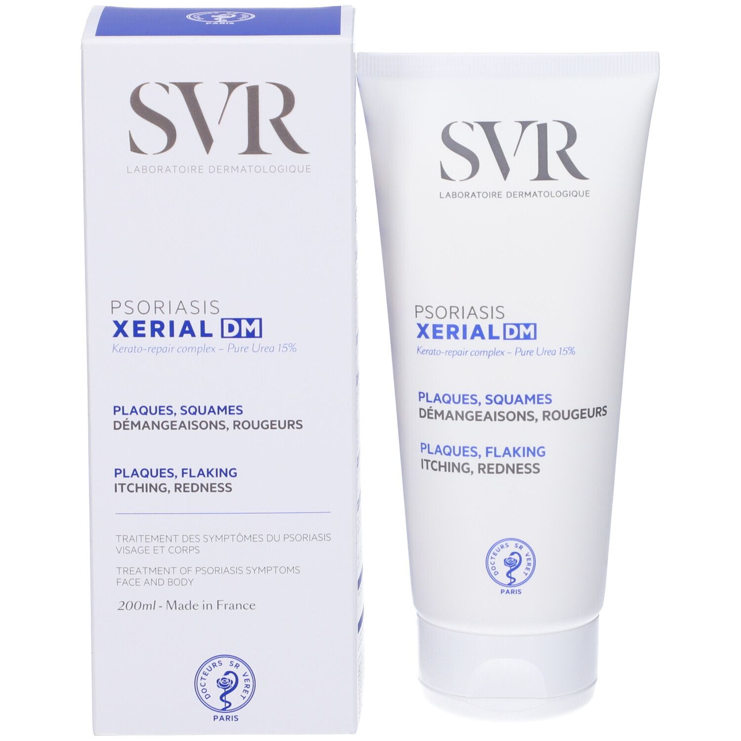 Produktverpackung: Tube und Karton. Auf der Tube: SVR, XERIAL DM. Auf dem Karton: SVR, XERIAL DM, 200ml. Text: Plaques, Squames, Démangeaisons, Rougeurs.