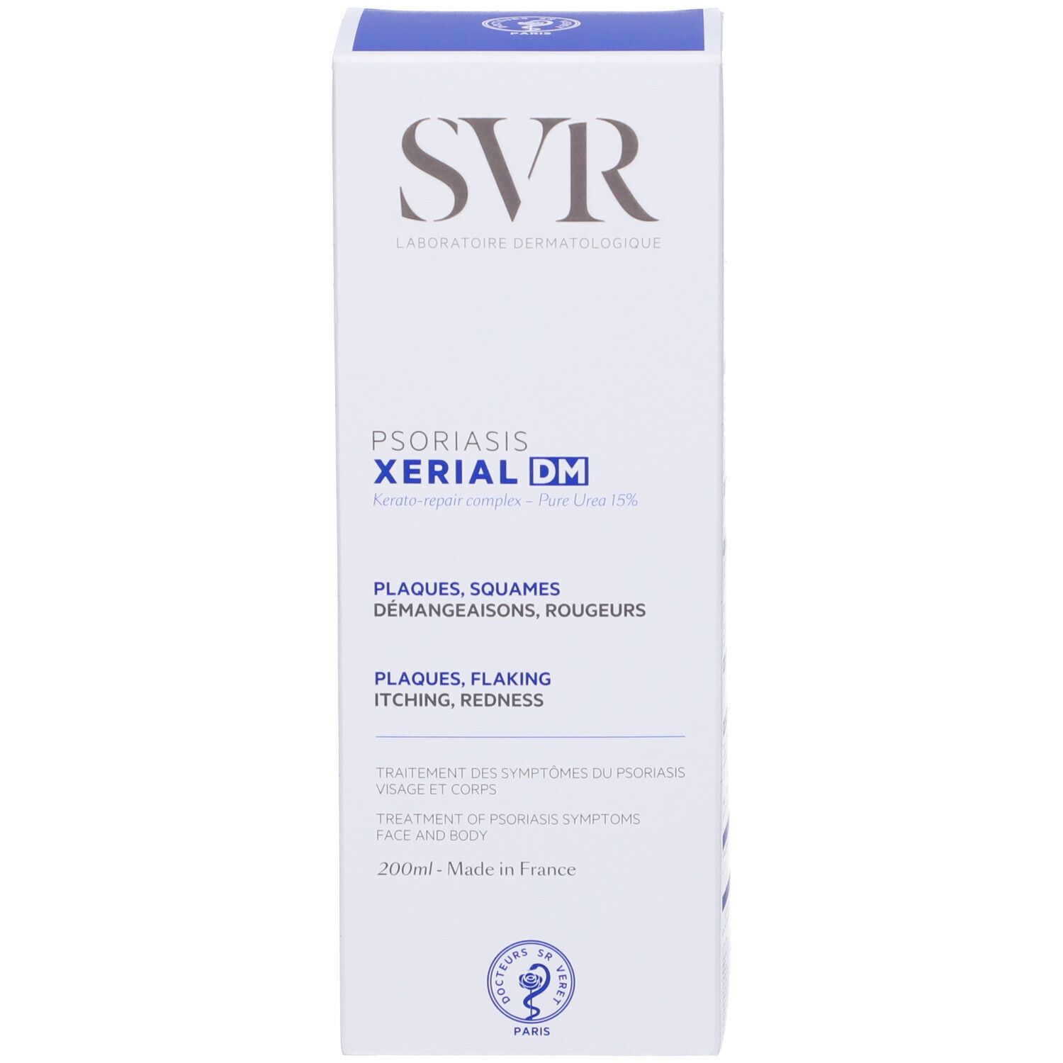 Weiße Produktverpackung mit SVR-Logo und XERIAL DM. Text: Plaques, Squames, Démangeaisons, Rougeurs. Volumen: 200ml. Hergestellt in Frankreich.