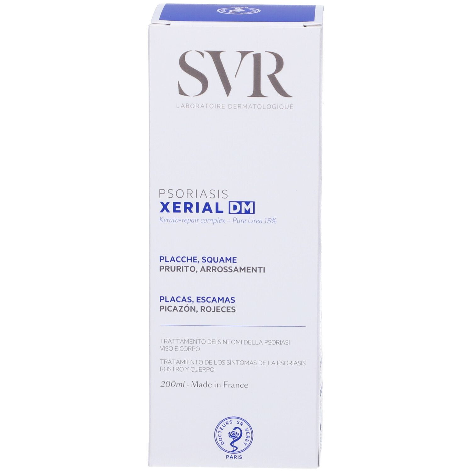 Produktverpackung, Vorderseite. SVR-Logo, XERIAL DM. Text: Plaques, Squame, Prurito, Arrossamenti. Volumen: 200ml. Hergestellt in Frankreich.