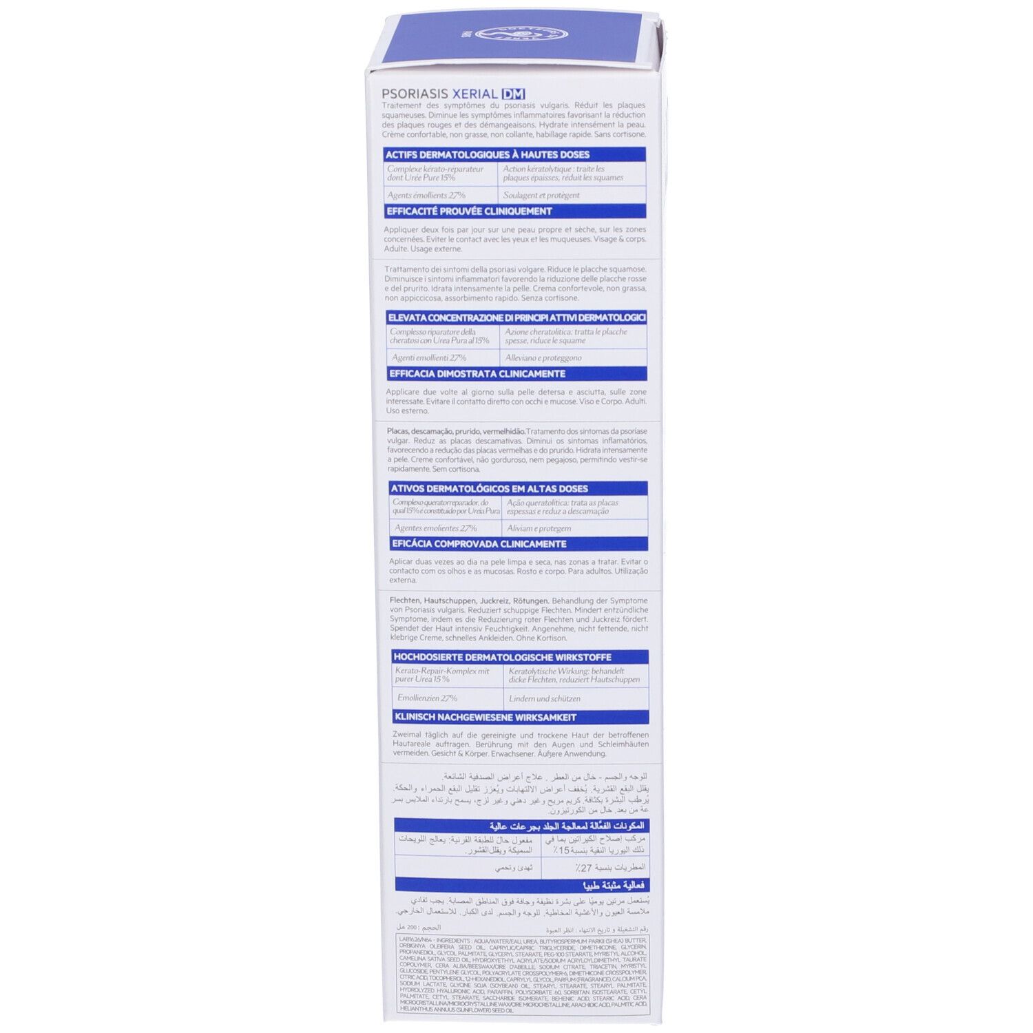 Produktverpackung, Rückseite. Text: Wirkstoffe, klinische Wirksamkeit, Anwendungshinweise. Volumen: 200ml. Hergestellt in Frankreich.