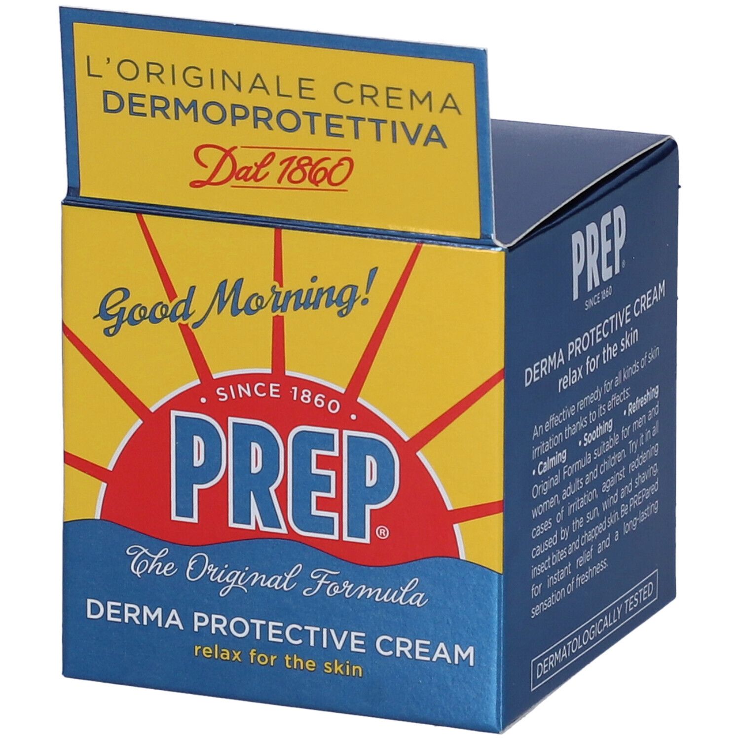 Confezione PREP Crema Dermoprotettiva. Blu e gialla. Scritta: 'Derma Protective Cream'.