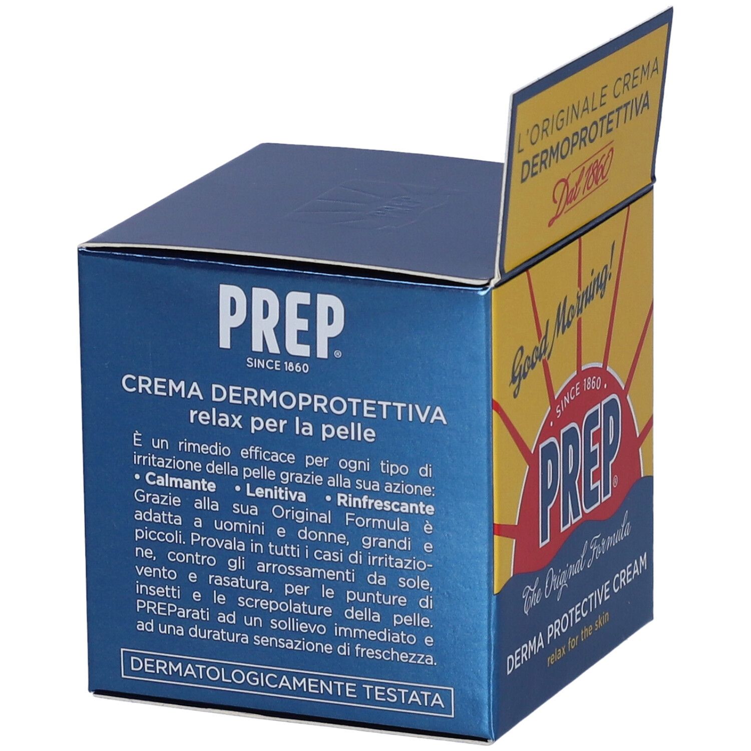 Confezione PREP Crema Dermoprotettiva. Testo: 'Crema Dermoprotettiva relax per la pelle'.