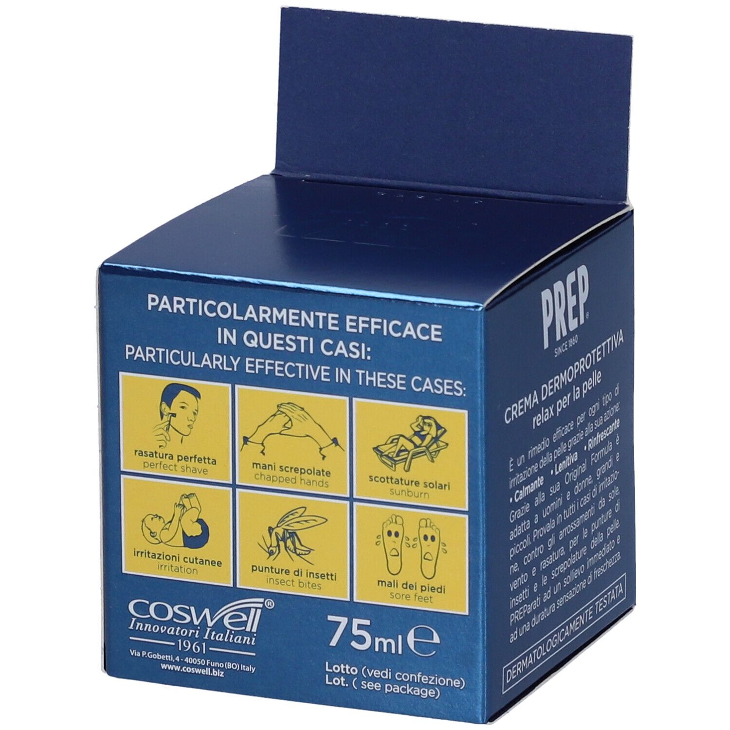 Confezione PREP Crema Dermoprotettiva. Illustrazioni e testo: '75ml'.