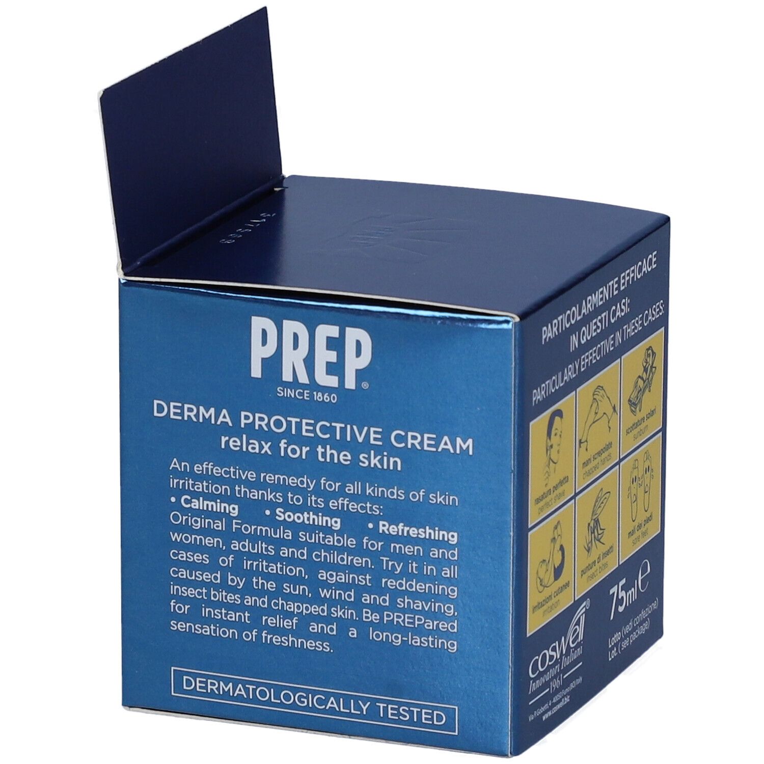 Confezione blu PREP Crema Dermoprotettiva. Scritta: 'Derma Protective Cream'.