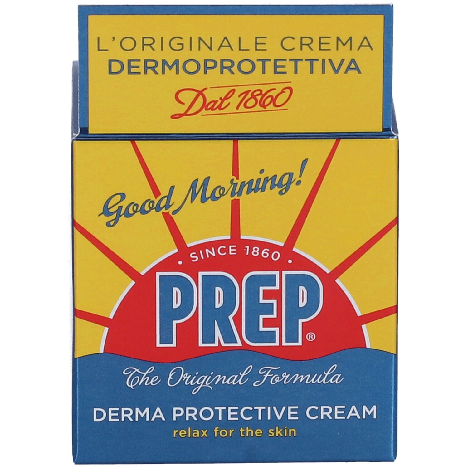 Confezione PREP Crema Dermoprotettiva. Blu e gialla. Scritta: 'Derma Protective Cream'.