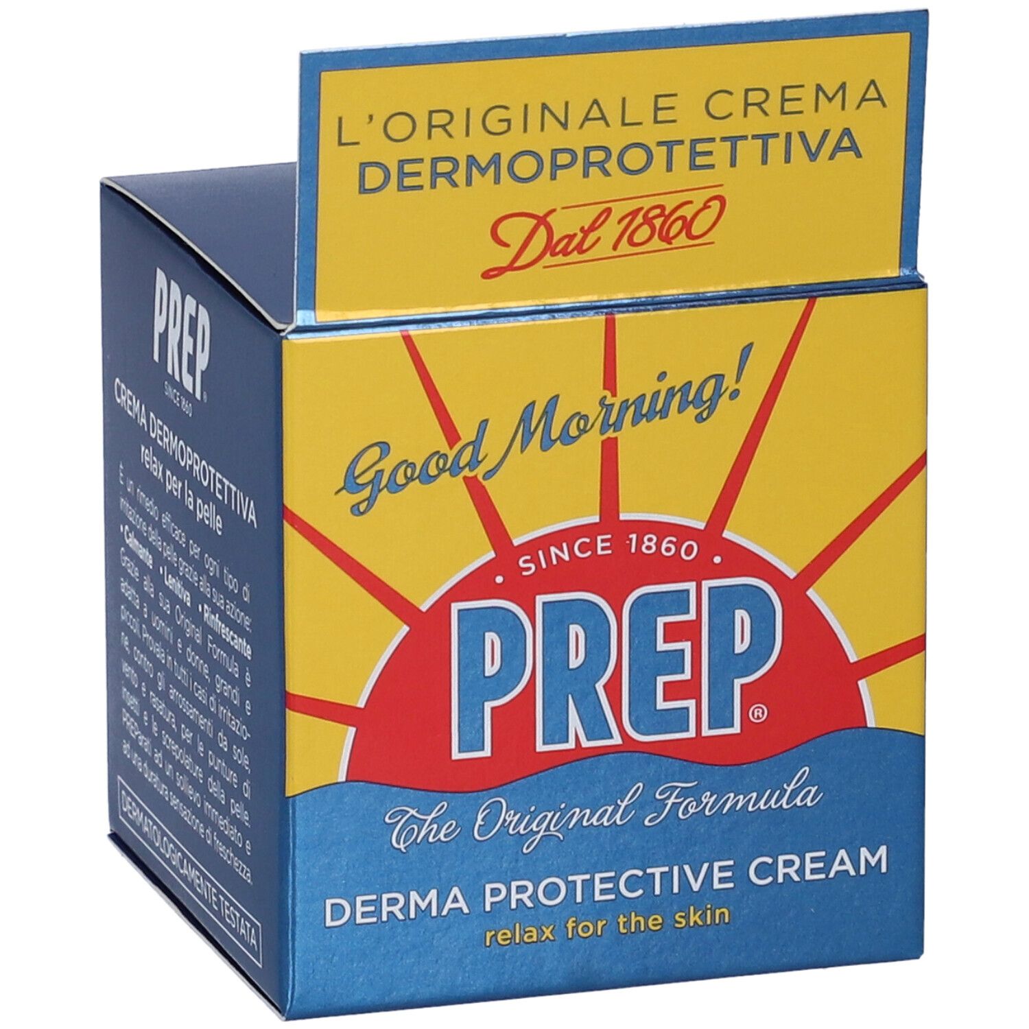 Confezione PREP Crema Dermoprotettiva. Blu e gialla. Scritta: 'Derma Protective Cream'.