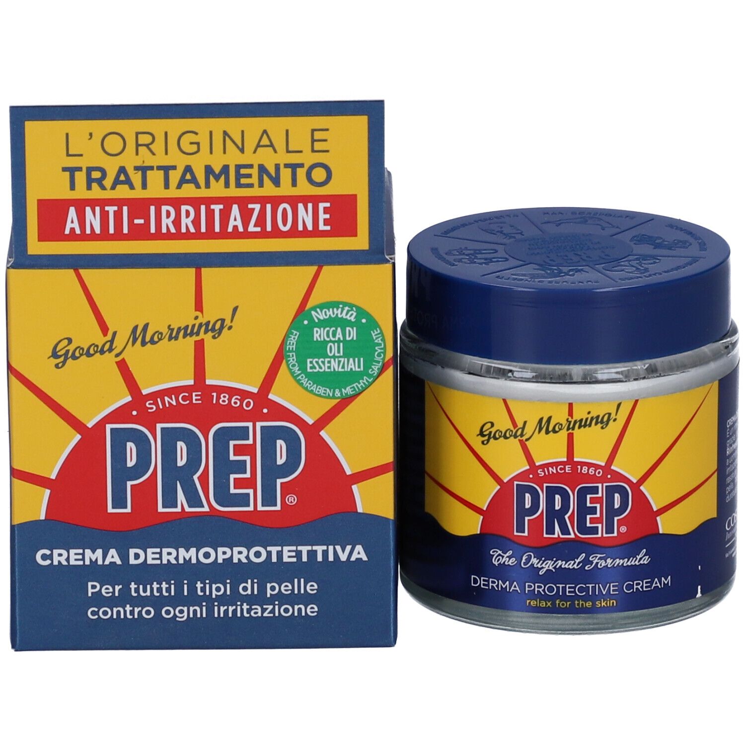 Vaso e confezione PREP Crema Dermoprotettiva. Testo: 'Trattamento Anti-Irritazione'.