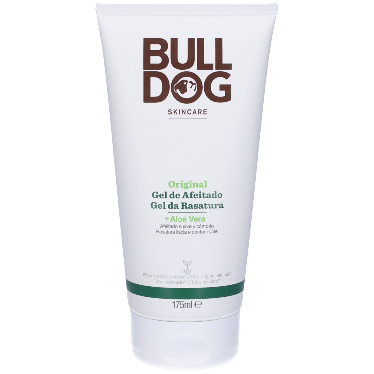 Tubo bianco con fascia verde. Scritta: BULLDOG SKINCARE, Original Gel de Afeitado + Aloe Vera. Contenuto: 175ml.