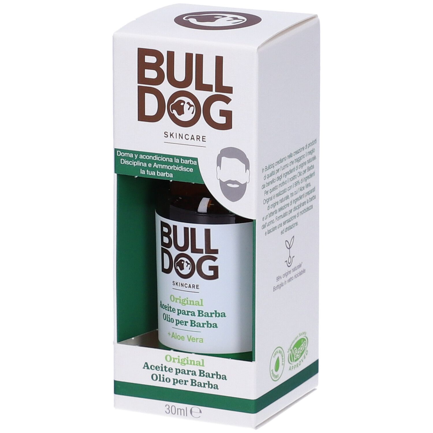 Olio per barba Bulldog Original in confezione. Bottiglia di vetro marrone in scatola bianca. Testo: Bulldog Skincare, Original, Aloe Vera.