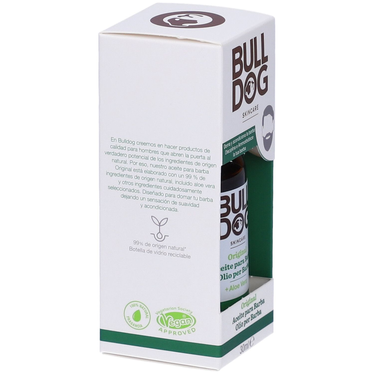 Retro della confezione dell'olio per barba Bulldog Original. Scatola bianca con testo e loghi. Sigillo vegano e simbolo di riciclaggio.