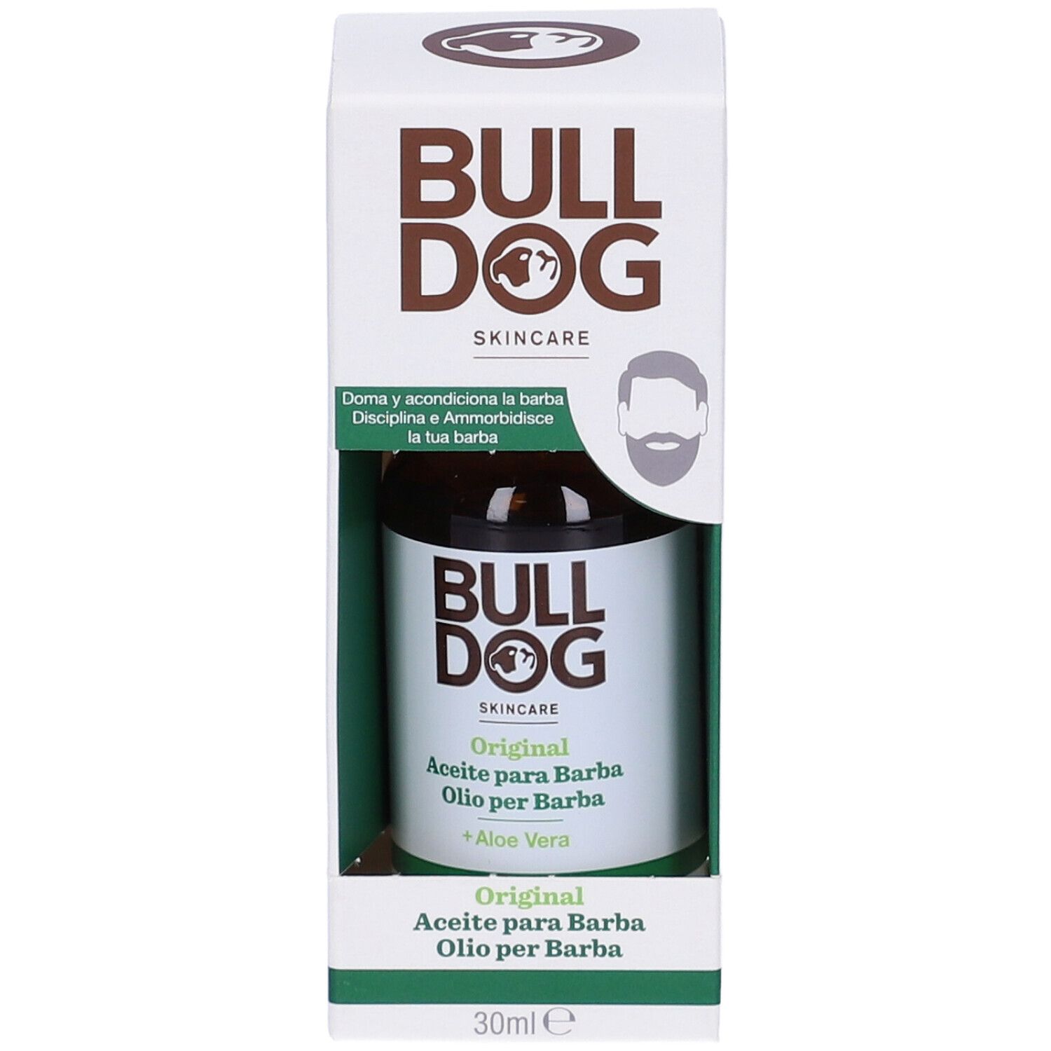 Olio per barba Bulldog Original in confezione. Bottiglia di vetro marrone in scatola bianca. Testo: Bulldog Skincare, Original, Aloe Vera.