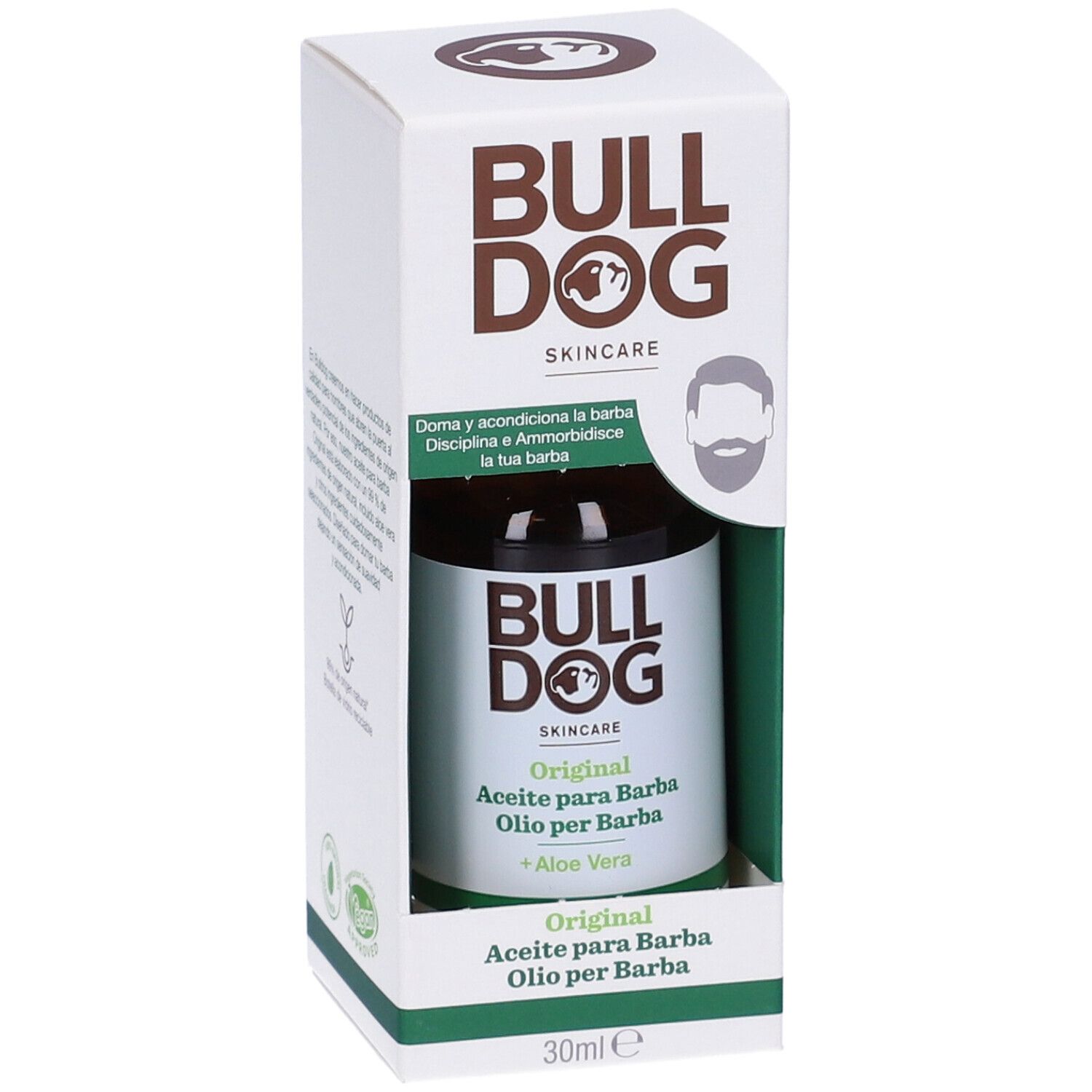 Olio per barba Bulldog Original in confezione. Bottiglia di vetro marrone in scatola bianca. Testo: Bulldog Skincare, Original, Aloe Vera.