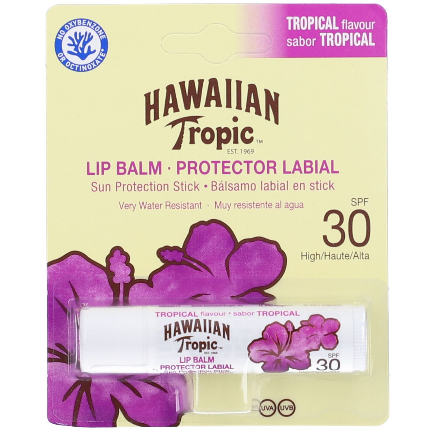 Hawaiian Tropic Balsamo labbra SPF30. Confezione con prodotto e illustrazione di ibisco. Testo: Lip Balm, Protector Labial.
