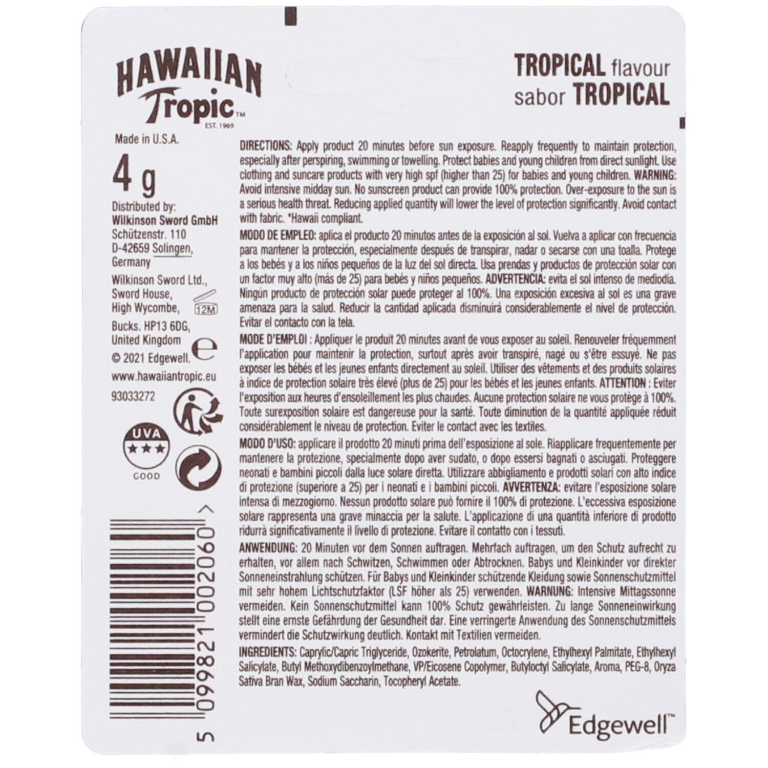 Retro confezione balsamo labbra Hawaiian Tropic. Testo: 4g, ingredienti, istruzioni per l'uso, avvertenze, produttore.