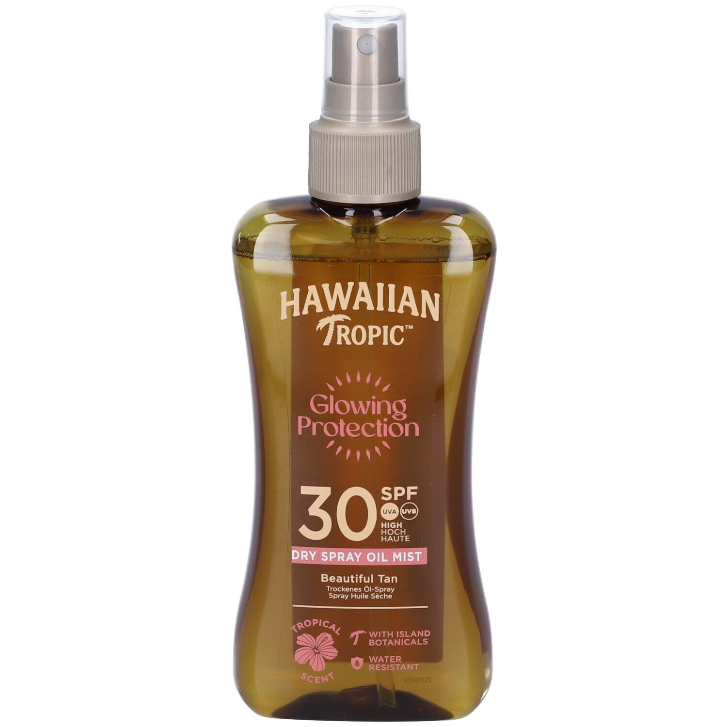 Hawaiian Tropic Glowing Protection Dry Olio Spray SPF30. Flacone marrone con vaporizzatore. Testo: Glowing Protection, 30 SPF, Dry Spray Oil Mist.