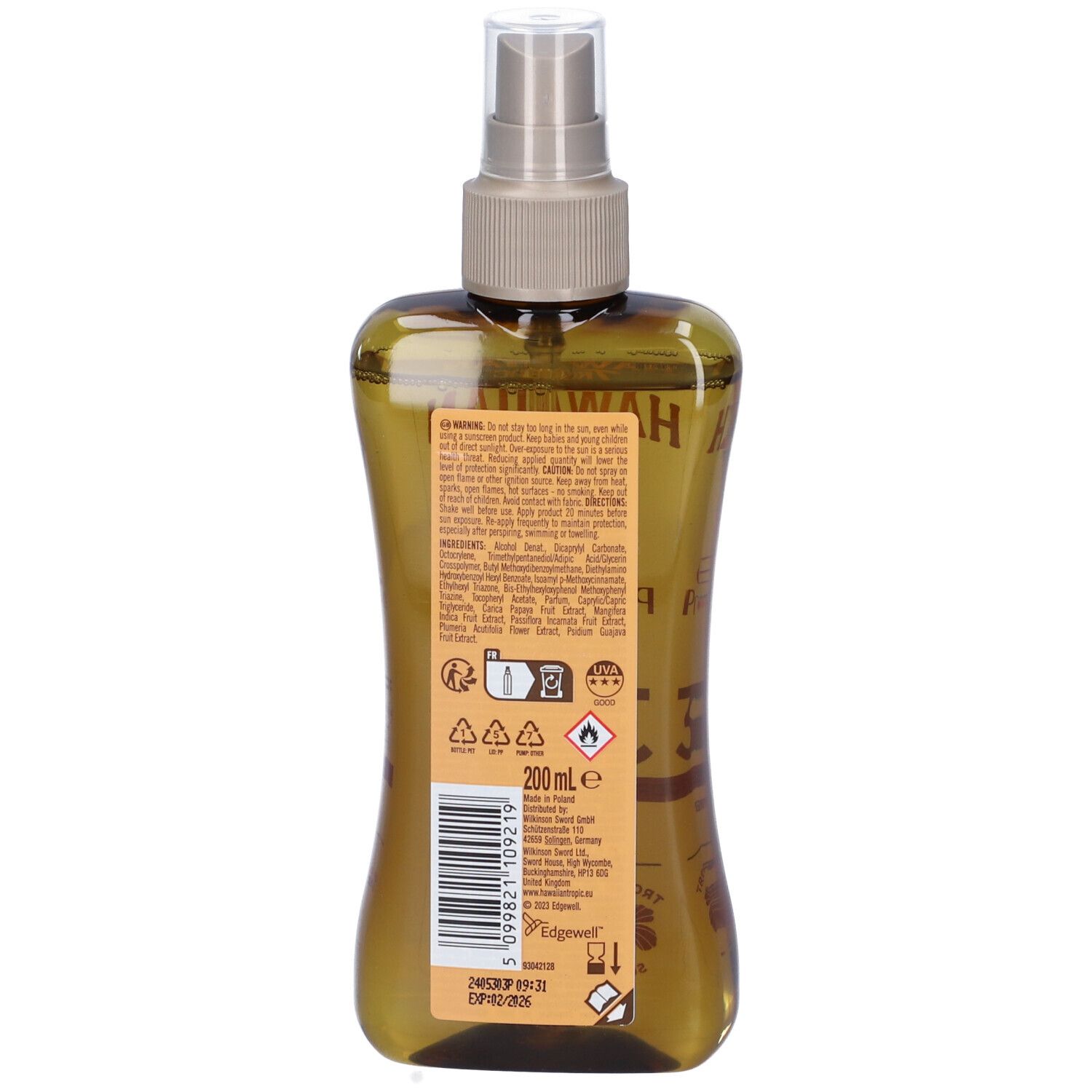 Retro del flacone Hawaiian Tropic Glowing Protection Dry Olio Spray SPF30. Etichetta con testo e simboli. 200 ml.
