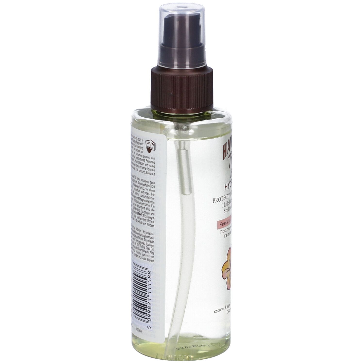 Rückansicht des Schutzöl-Sprays. Transparenter Behälter mit Sprühkopf. Etikett mit Text und Barcode.