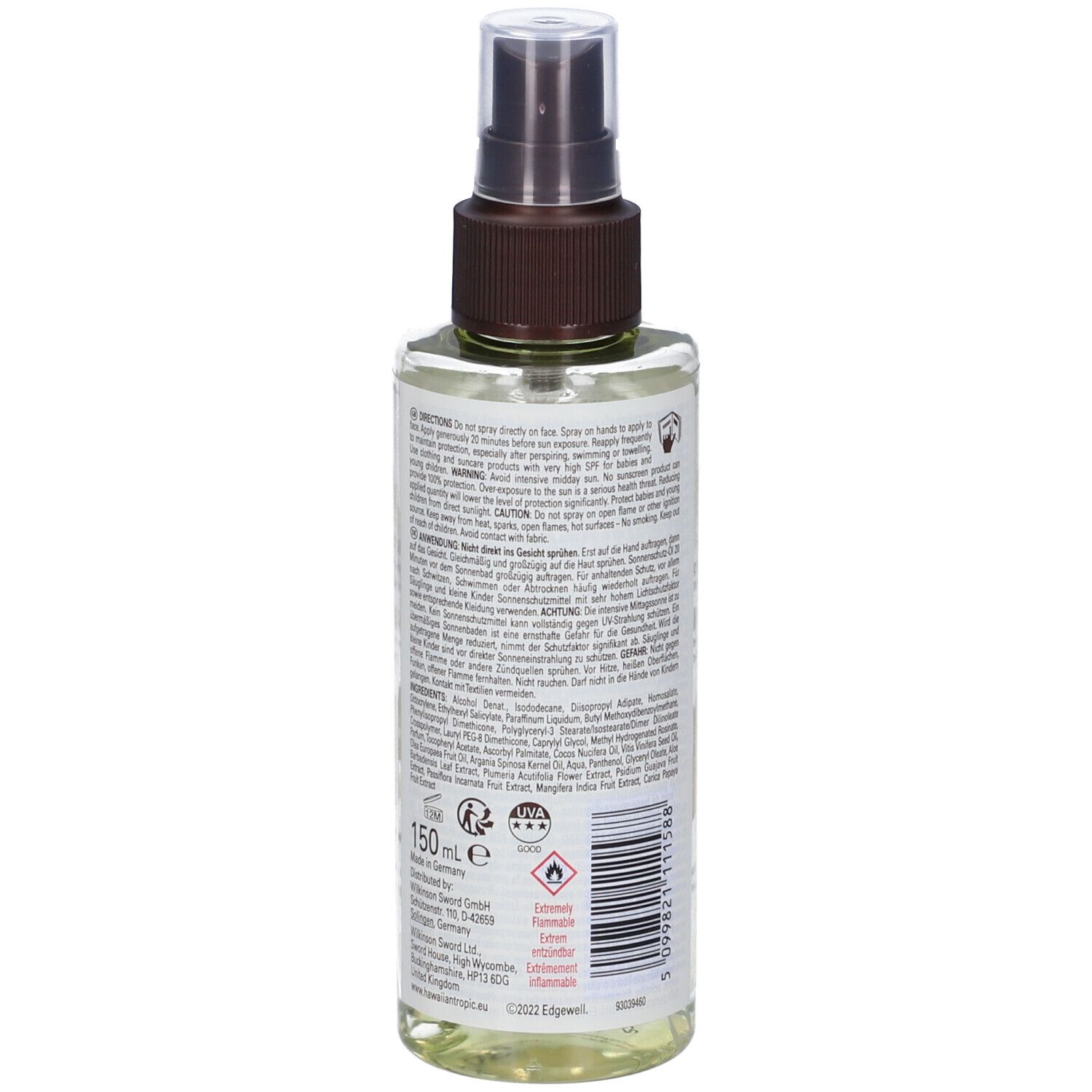 Rückansicht des Schutzöl-Sprays. Etikett mit Text, Inhaltsstoffen und Warnhinweisen. 150 ml.
