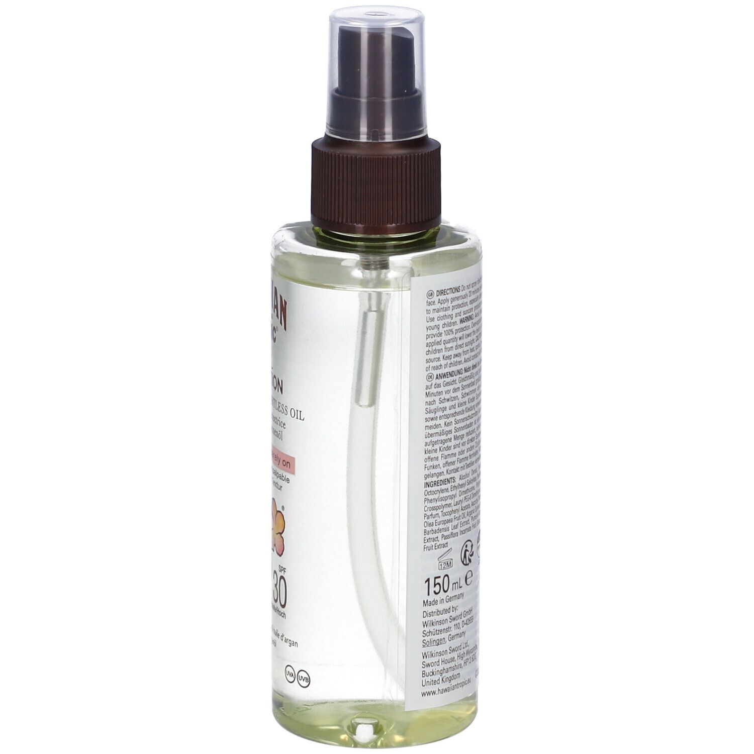 Rückseite der Flasche mit Text. Inhaltsstoffe, Warnhinweise und Herstellerinformationen. 150ml.
