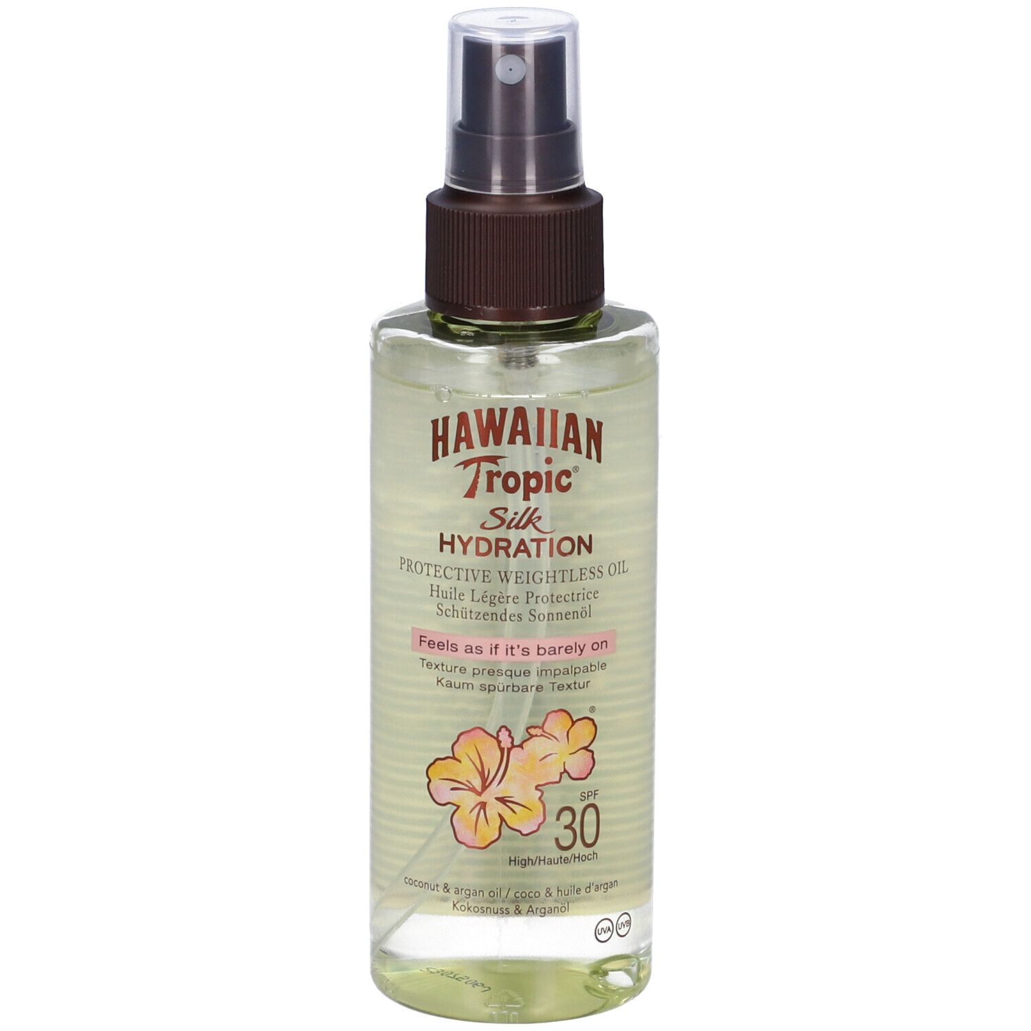 Transparente Flasche mit Sprühkopf. Aufschrift: Hawaiian Tropic Silk Hydration Protective Weightless Oil SPF30.