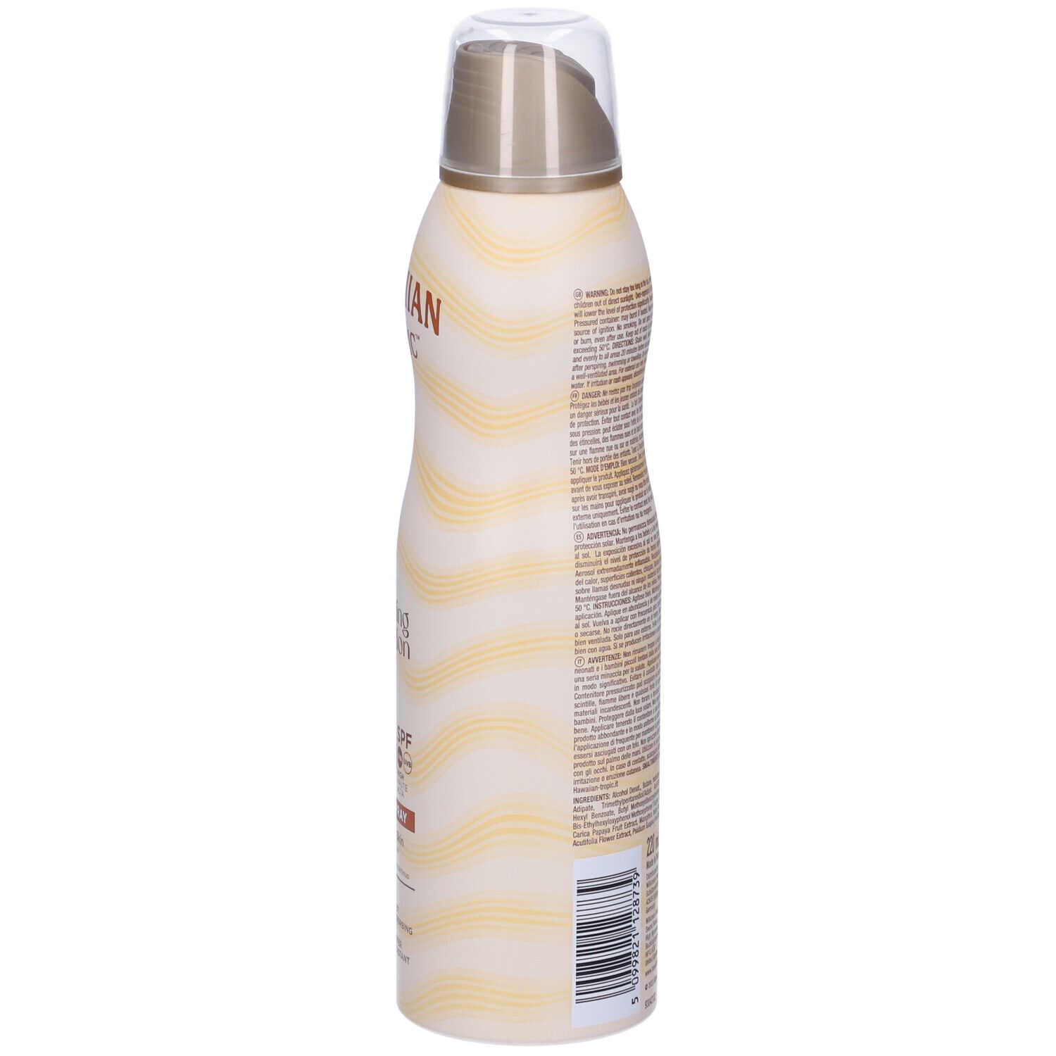 Sonnenschutzspray-Flasche. Rückseite mit Text. Wellenförmiges Design. Marke: Hawaiian Tropic. Enthält Informationen zu Inhaltsstoffen und Warnhinweisen.