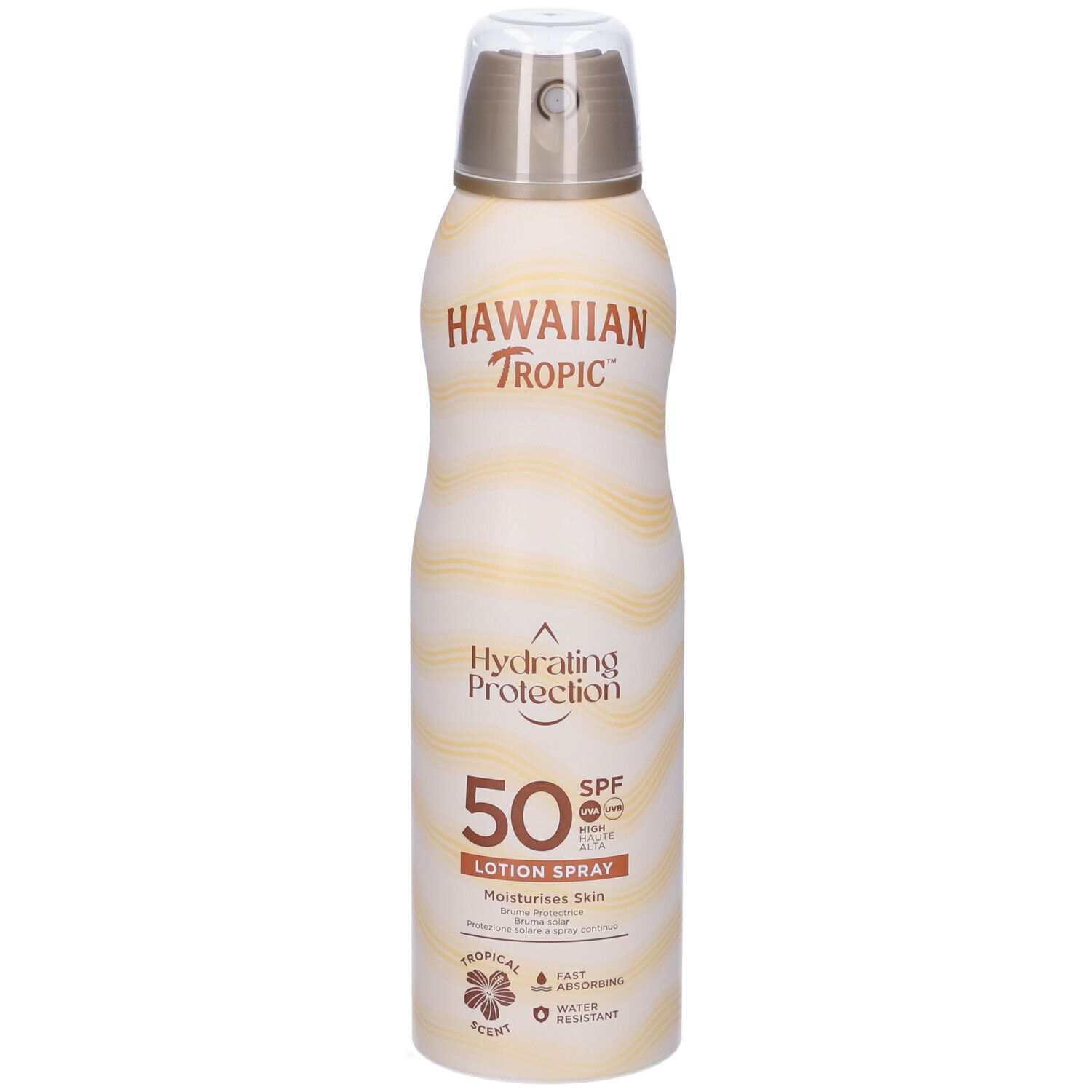 Sonnenschutzspray Hawaiian Tropic SPF 50. Weiße Flasche mit braunen und gelben Wellen. Sprühkopf. Text: Hydrating Protection, Lotion Spray.