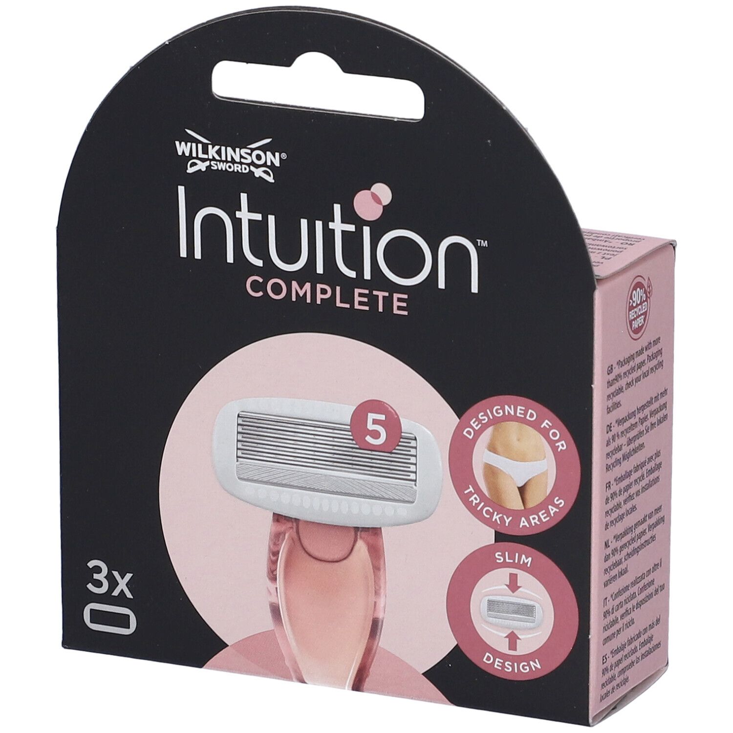 Confezione di ricariche per rasoio. Contiene 3 pezzi. Scritta: Intuition Complete, 5 lame, Designed for tricky areas.