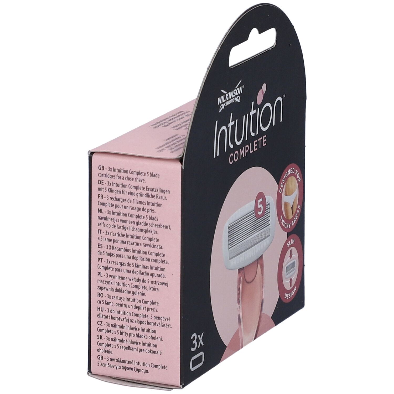 Confezione di ricariche per rasoio. Scritta: Intuition Complete, 5 lame, Designed for tricky areas. Testo multilingue.