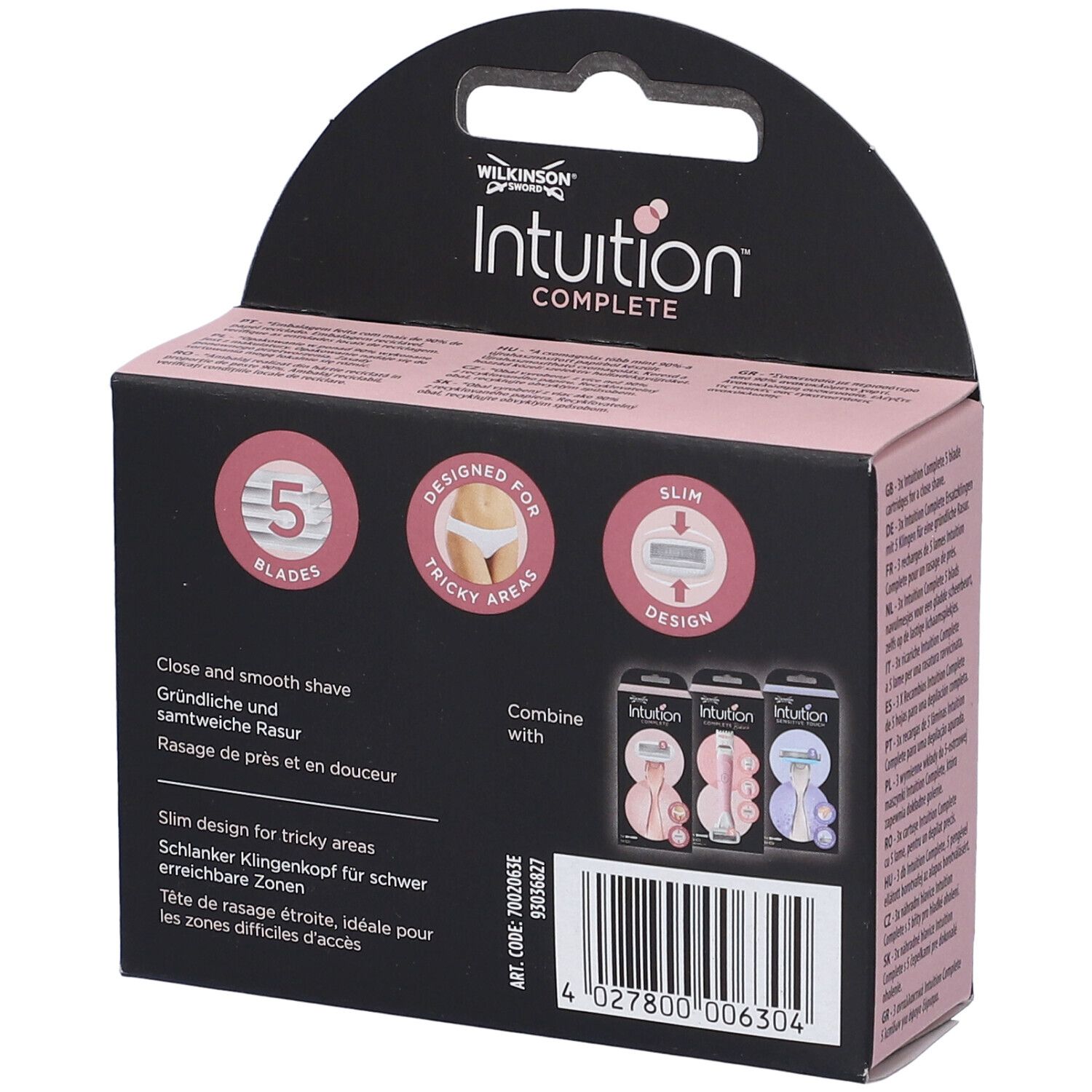Retro della confezione di ricariche per rasoio. Scritta: Intuition Complete, 5 lame, Designed for tricky areas. Combinabile con.