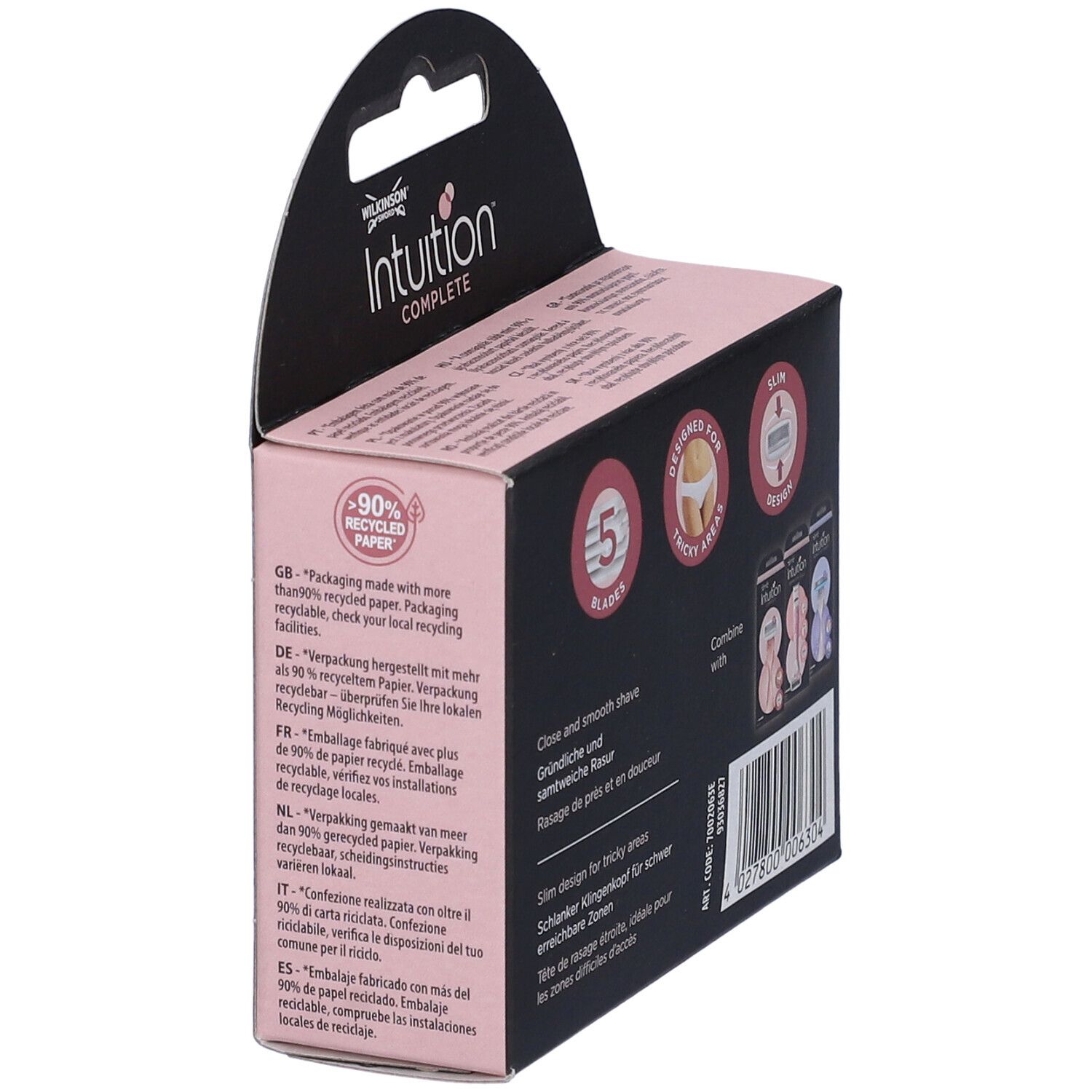 Confezione di ricariche per rasoio. Scritta: Intuition Complete, 90% carta riciclata, 5 lame, Designed for tricky areas.